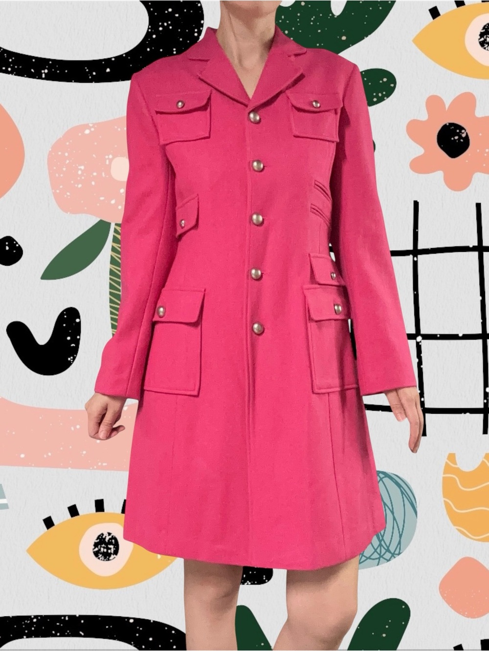 BCBGMaxAzria | Pink Wool Retro Multi Pocket Button Front Knee Length Coat